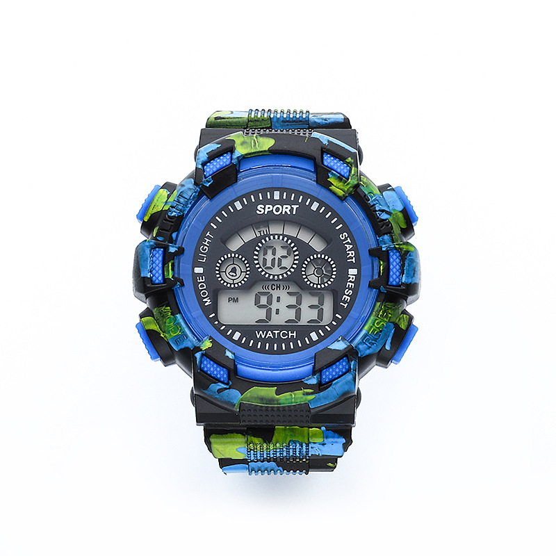 Daudzfunkcionālais elektroniskais pulkstenis ar maskēšanās dizainu āra sportiem, apaļš ciparnīca, digitālais displejs, elektroniskā kustība, ABS siksna, PVC korpuss