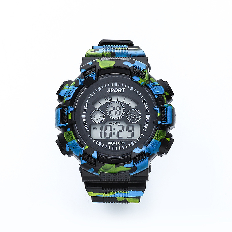 Daudzfunkcionālais elektroniskais pulkstenis ar maskēšanās dizainu āra sportiem, apaļš ciparnīca, digitālais displejs, elektroniskā kustība, ABS siksna, PVC korpuss
