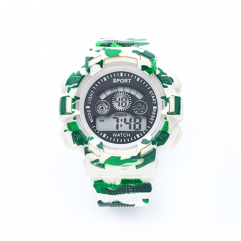 Daudzfunkcionālais elektroniskais pulkstenis ar maskēšanās dizainu āra sportiem, apaļš ciparnīca, digitālais displejs, elektroniskā kustība, ABS siksna, PVC korpuss