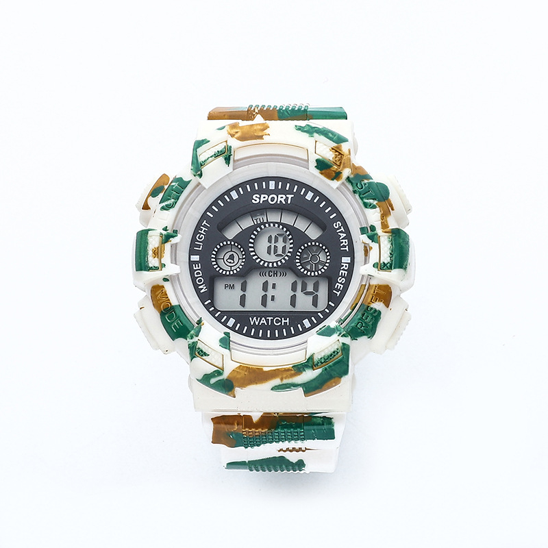 Daudzfunkcionālais elektroniskais pulkstenis ar maskēšanās dizainu āra sportiem, apaļš ciparnīca, digitālais displejs, elektroniskā kustība, ABS siksna, PVC korpuss