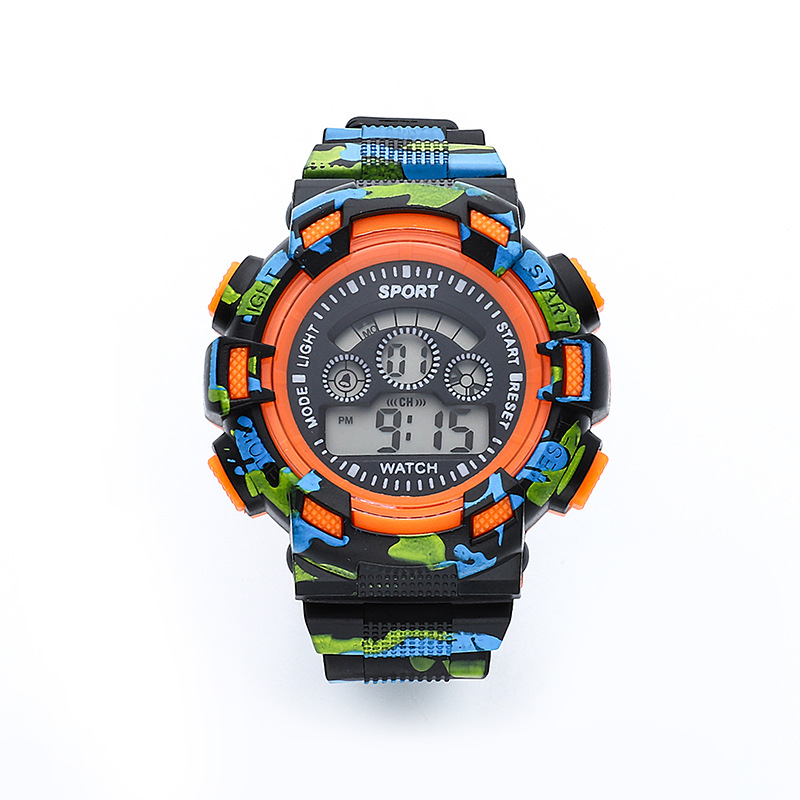Daudzfunkcionālais elektroniskais pulkstenis ar maskēšanās dizainu āra sportiem, apaļš ciparnīca, digitālais displejs, elektroniskā kustība, ABS siksna, PVC korpuss