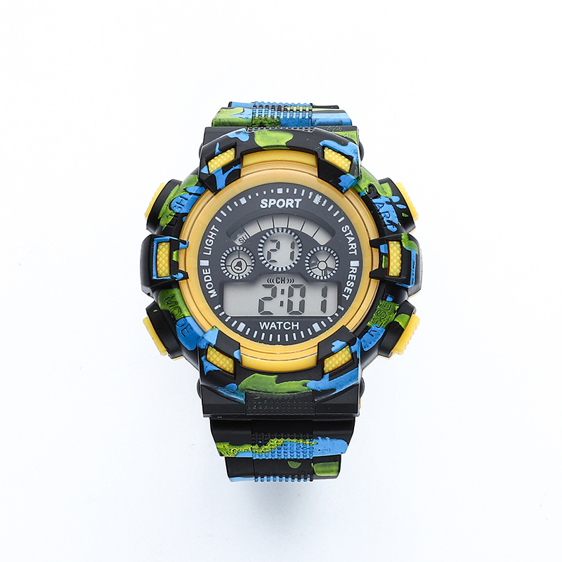 Daudzfunkcionālais elektroniskais pulkstenis ar maskēšanās dizainu āra sportiem, apaļš ciparnīca, digitālais displejs, elektroniskā kustība, ABS siksna, PVC korpuss