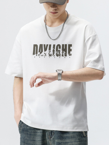 Мъжка тениска с къс ръкав, корейски стил пуловер, кръгла яка, принт с букви, Milk Silk полиестер 81–90%, лято, свободен силует