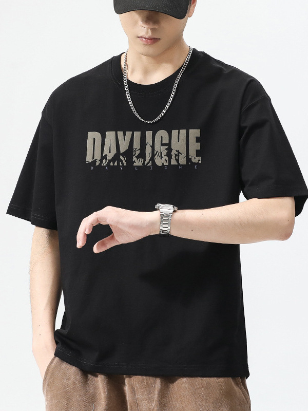 Мъжка тениска с къс ръкав, корейски стил пуловер, кръгла яка, принт с букви, Milk Silk полиестер 81–90%, лято, свободен силует