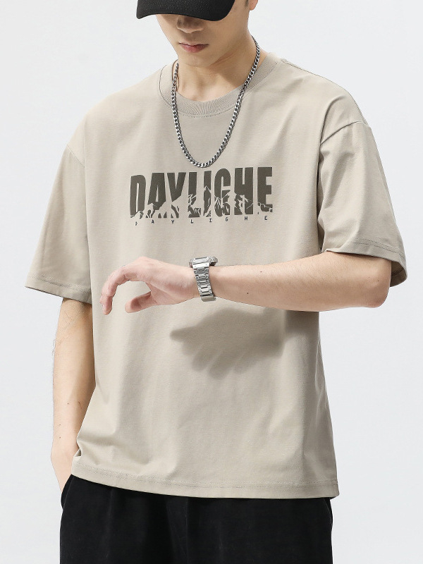 Мъжка тениска с къс ръкав, корейски стил пуловер, кръгла яка, принт с букви, Milk Silk полиестер 81–90%, лято, свободен силует