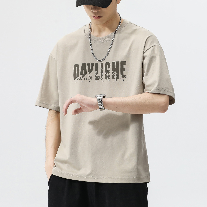 Мъжка тениска с къс ръкав, корейски стил пуловер, кръгла яка, принт с букви, Milk Silk полиестер 81–90%, лято, свободен силует