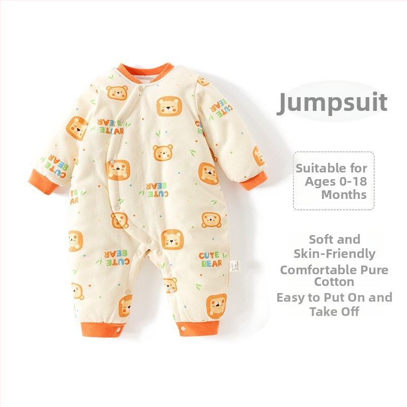 Kūdikio žieminis kombinezonas su poliesterio užpildymu, storas šilumos sluoksnis, ilgomis rankovėmis, be gobtuvo, diagoninis vienos eilės mygtukų užsegimas, 100% poliesteris, tinkamas naujagimiams 0–1 metų, iki 80 cm