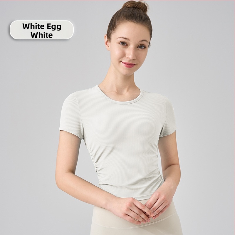 NS rib jogos topas, superelastinga medžiaga, 80% nailonas, 20% spandekso, trumpomis rankovėmis, ilgis iki pilvo