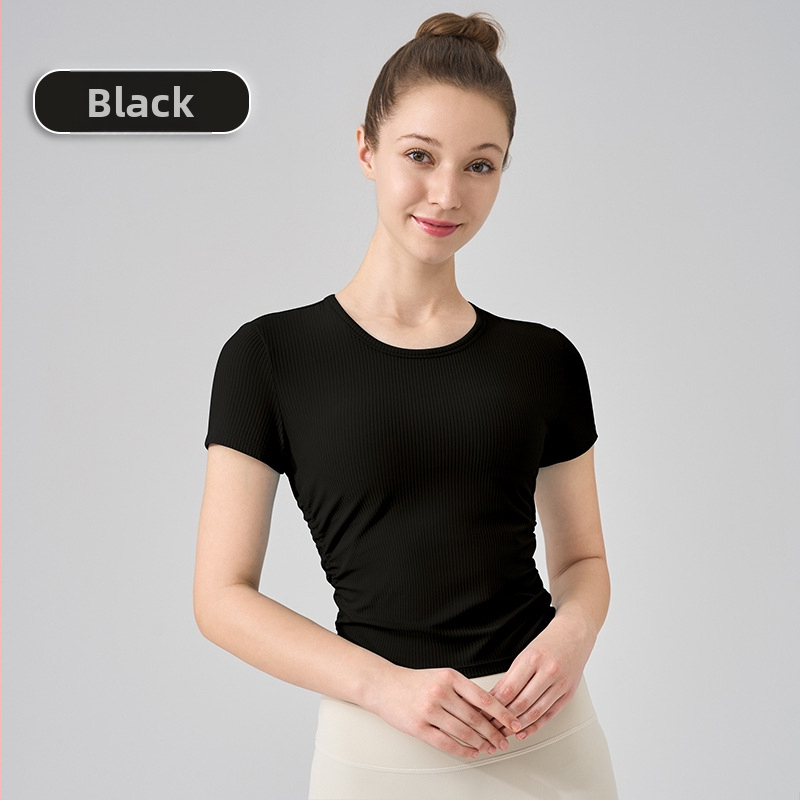 NS rib jogos topas, superelastinga medžiaga, 80% nailonas, 20% spandekso, trumpomis rankovėmis, ilgis iki pilvo