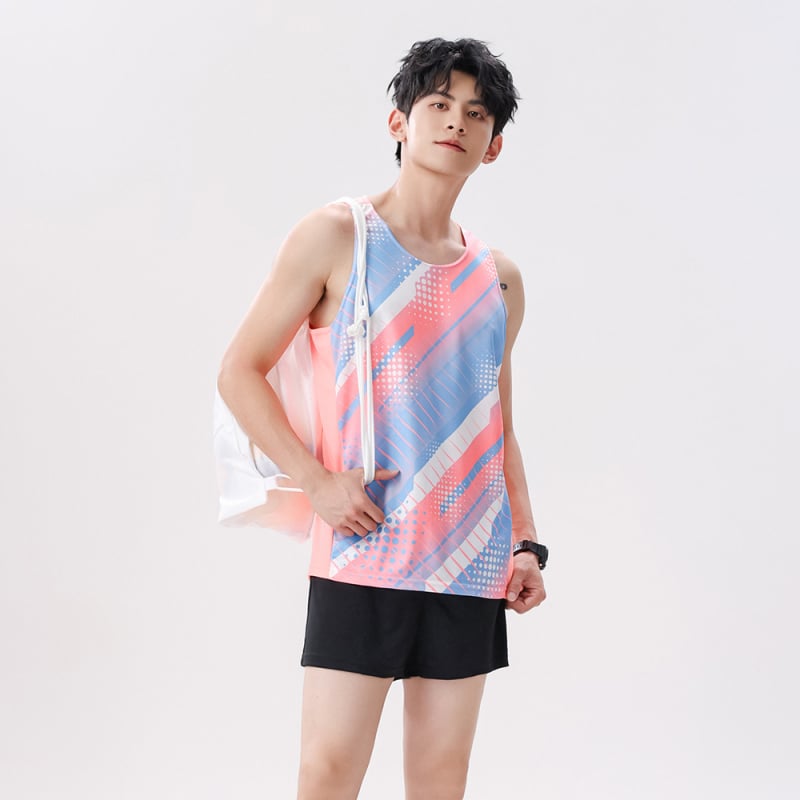 Csíkos futó mellény, 100% poliészter, lélegző és gyorsan száradó, pályára és atlétikához