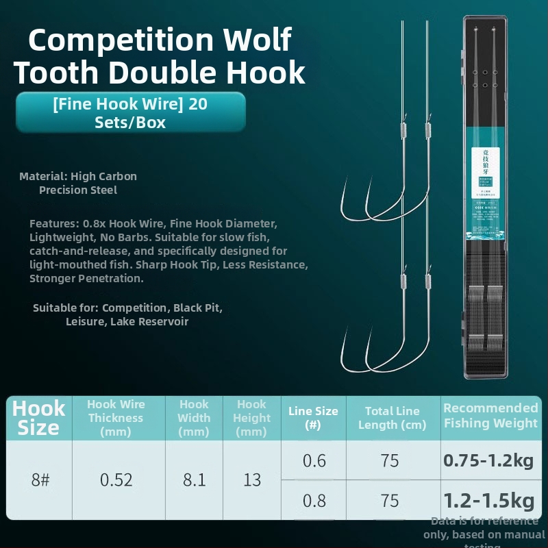 Zivsaimniecības makšķerēšanas komplekts: Wolf Fang dubultie āķi bez asīm, pret savērpšanos, iepriekš sasaistīti šaranam