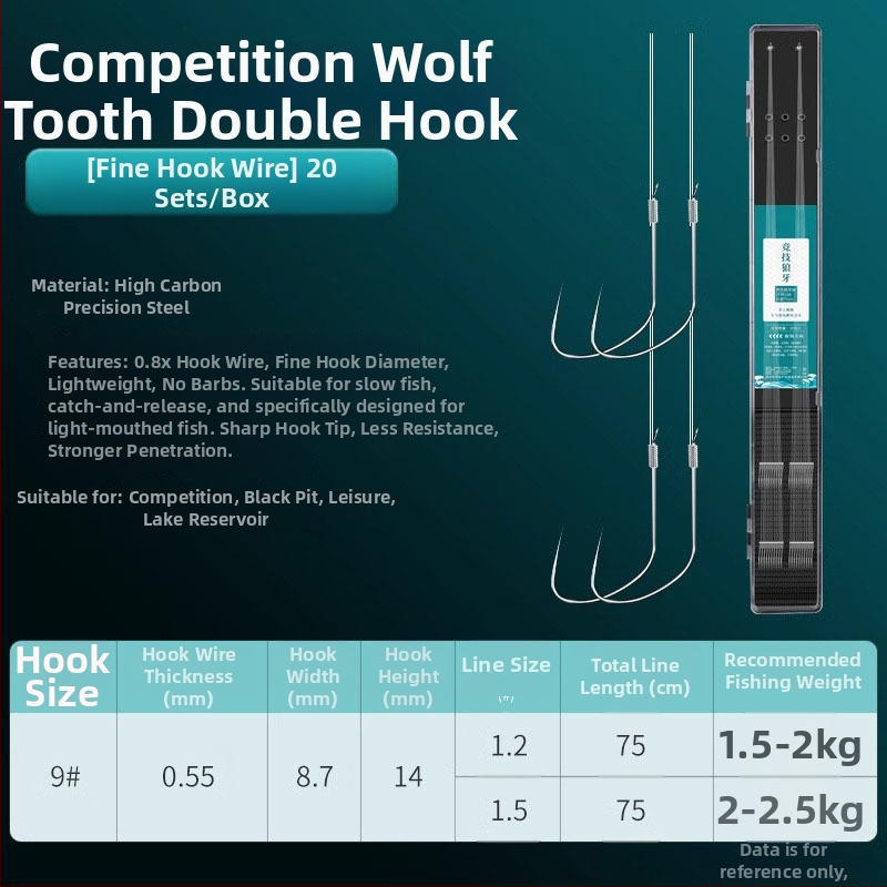 Zivsaimniecības makšķerēšanas komplekts: Wolf Fang dubultie āķi bez asīm, pret savērpšanos, iepriekš sasaistīti šaranam