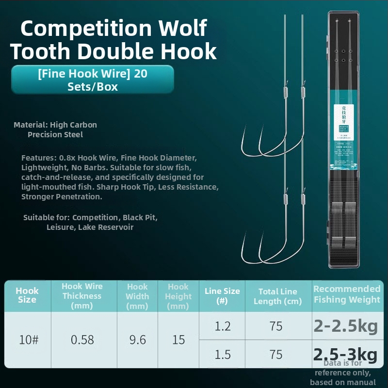 Zivsaimniecības makšķerēšanas komplekts: Wolf Fang dubultie āķi bez asīm, pret savērpšanos, iepriekš sasaistīti šaranam