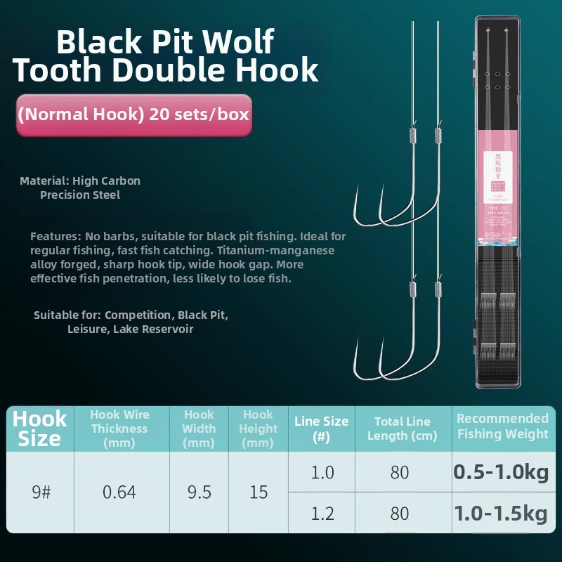 Zivsaimniecības makšķerēšanas komplekts: Wolf Fang dubultie āķi bez asīm, pret savērpšanos, iepriekš sasaistīti šaranam