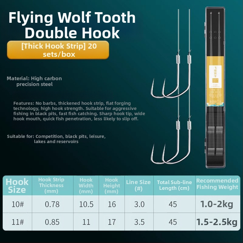 Zivsaimniecības makšķerēšanas komplekts: Wolf Fang dubultie āķi bez asīm, pret savērpšanos, iepriekš sasaistīti šaranam
