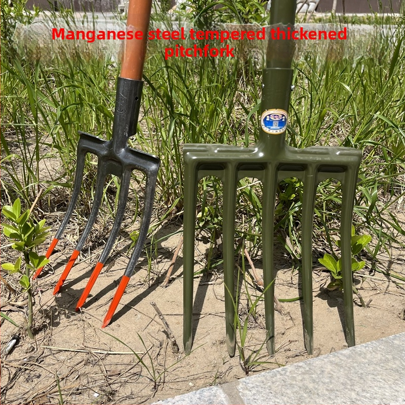 Plieninė dvigalė šakutė gilų dirvos purtymui, rankinis valdymas, mangano plienas, žemės ūkis