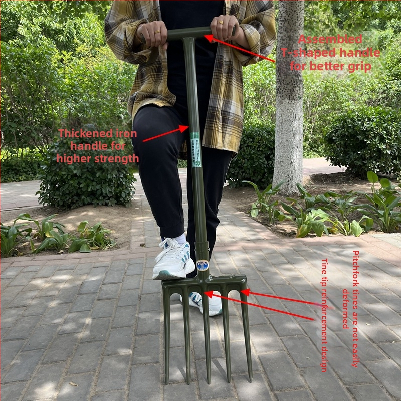 Plieninė dvigalė šakutė gilų dirvos purtymui, rankinis valdymas, mangano plienas, žemės ūkis