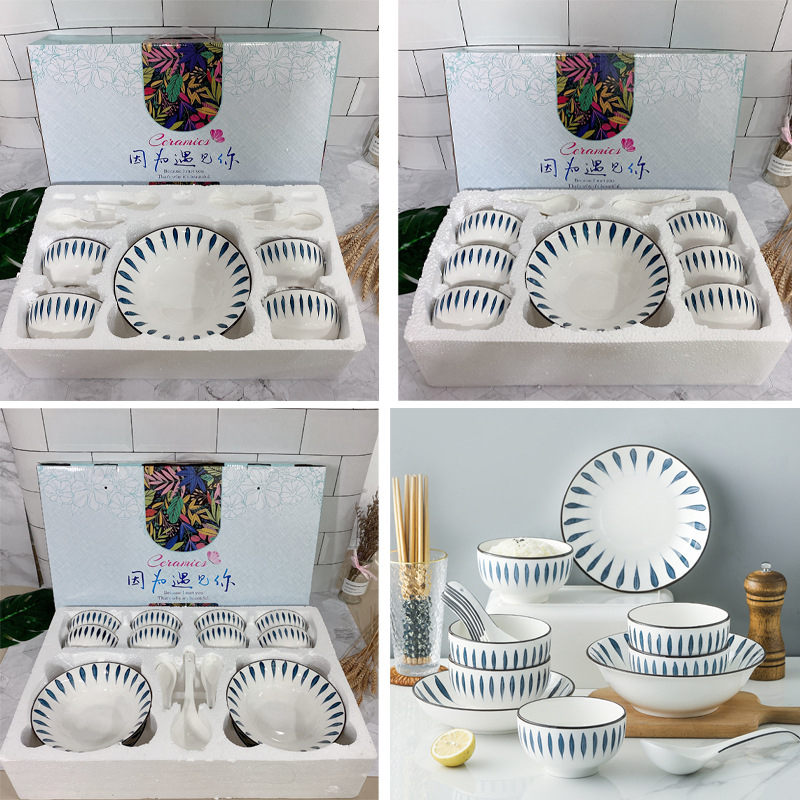 Sada riadu: misky a taniere, porcelán, podglazúrna plocha, prúžkovaný vzor, potlač loga