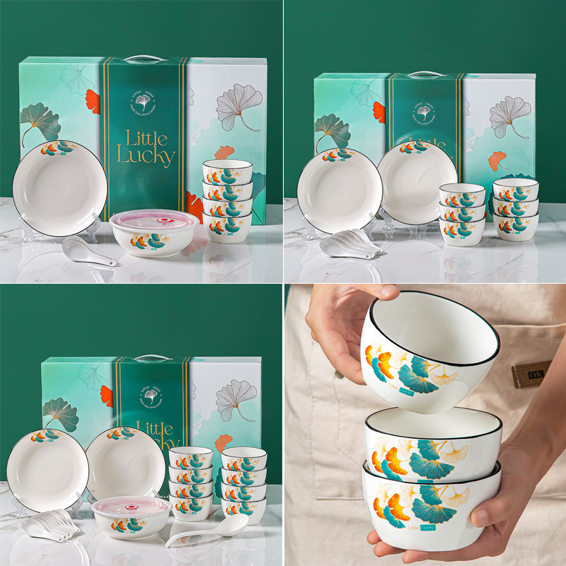 Sada riadu: misky a taniere, porcelán, podglazúrna plocha, prúžkovaný vzor, potlač loga