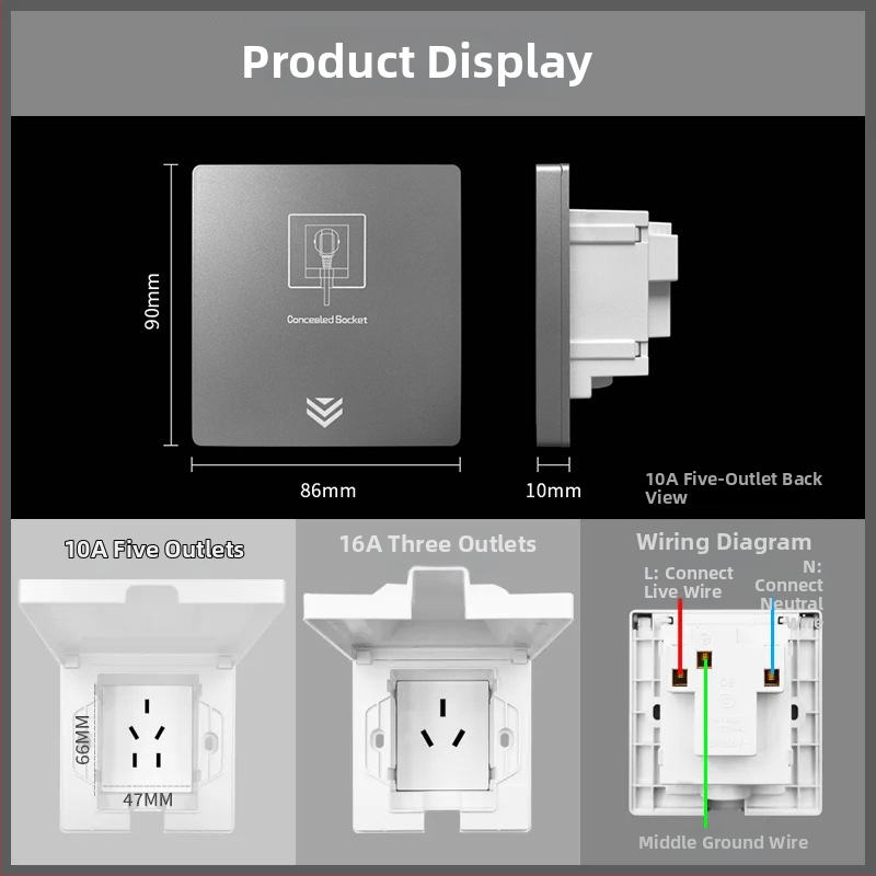 Bi Home Sienas montējama putekļu un ūdensdroša 5 kontakti kontaktligzda ledusskapim ar iebūētu paneli un slēdzi, iemontēta, 50–440V, 3C sertifikāts