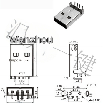 USB 2.0 Type-A vīriešu savienotājs, 90° taisnā leņķī, PCB montāža, AMUSB-109