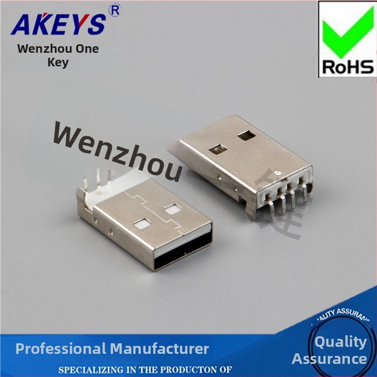 USB 2.0 Type-A vīriešu savienotājs, 90° taisnā leņķī, PCB montāža, AMUSB-109