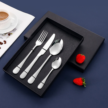 4-dijelni set pribora od nehrđajućeg čelika s mogućnošću logotipa — nož, vilica, žlica i čajna žličica; 410 nehrđajući čelik, ogledni završetak, zapadni stil posuđa