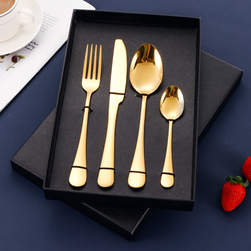 4-dijelni set pribora od nehrđajućeg čelika s mogućnošću logotipa — nož, vilica, žlica i čajna žličica; 410 nehrđajući čelik, ogledni završetak, zapadni stil posuđa