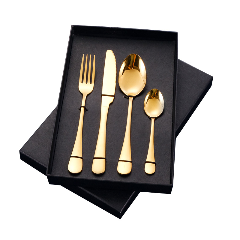 4-dijelni set pribora od nehrđajućeg čelika s mogućnošću logotipa — nož, vilica, žlica i čajna žličica; 410 nehrđajući čelik, ogledni završetak, zapadni stil posuđa