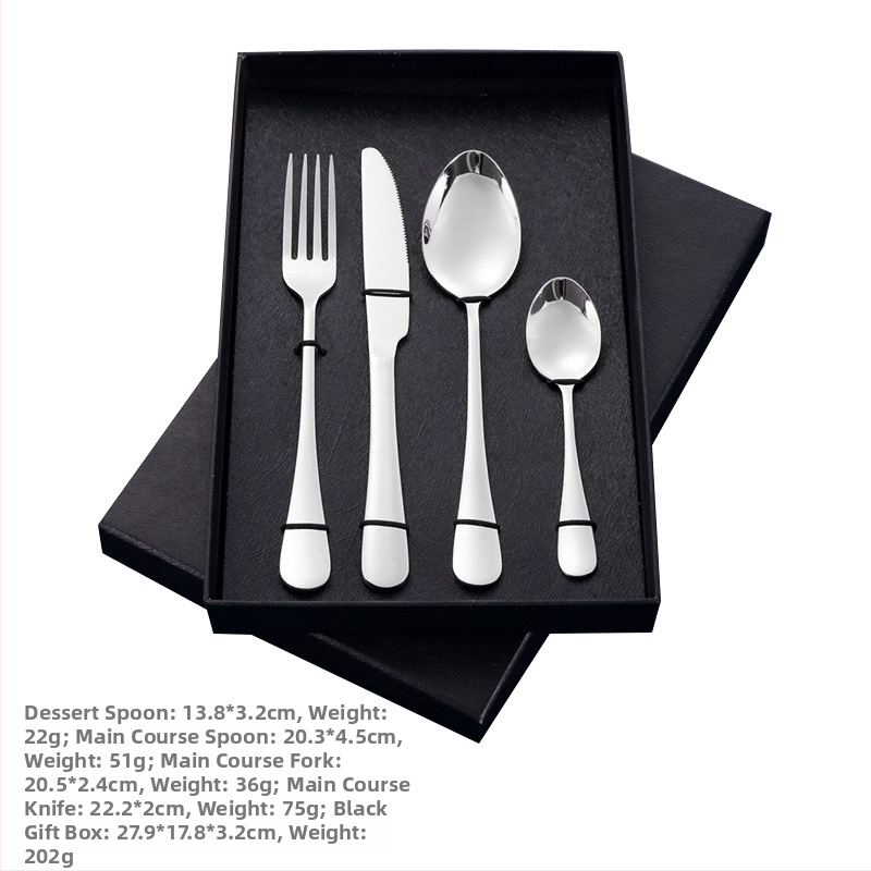 4-dijelni set pribora od nehrđajućeg čelika s mogućnošću logotipa — nož, vilica, žlica i čajna žličica; 410 nehrđajući čelik, ogledni završetak, zapadni stil posuđa