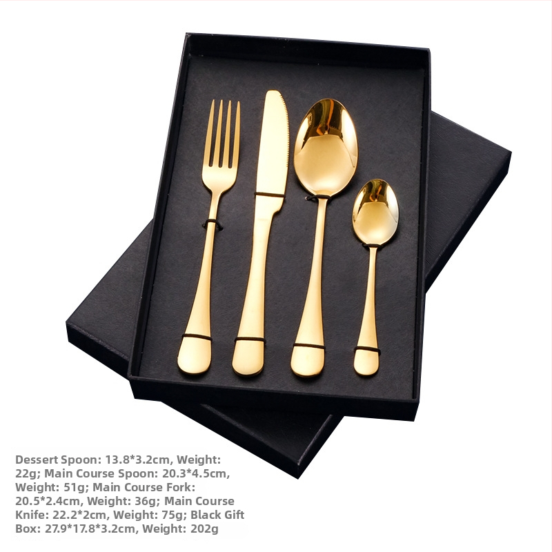 4-dijelni set pribora od nehrđajućeg čelika s mogućnošću logotipa — nož, vilica, žlica i čajna žličica; 410 nehrđajući čelik, ogledni završetak, zapadni stil posuđa