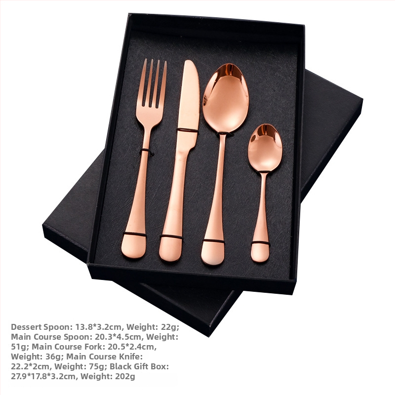 4-dijelni set pribora od nehrđajućeg čelika s mogućnošću logotipa — nož, vilica, žlica i čajna žličica; 410 nehrđajući čelik, ogledni završetak, zapadni stil posuđa