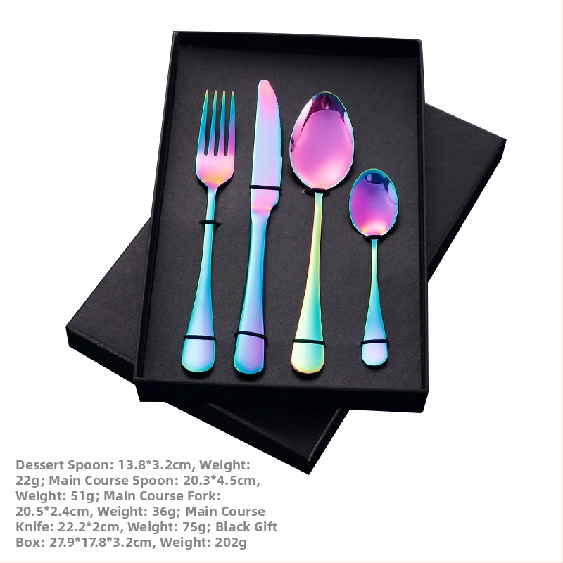 4-dijelni set pribora od nehrđajućeg čelika s mogućnošću logotipa — nož, vilica, žlica i čajna žličica; 410 nehrđajući čelik, ogledni završetak, zapadni stil posuđa