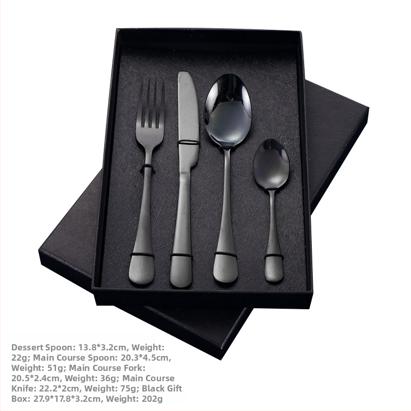 4-dijelni set pribora od nehrđajućeg čelika s mogućnošću logotipa — nož, vilica, žlica i čajna žličica; 410 nehrđajući čelik, ogledni završetak, zapadni stil posuđa