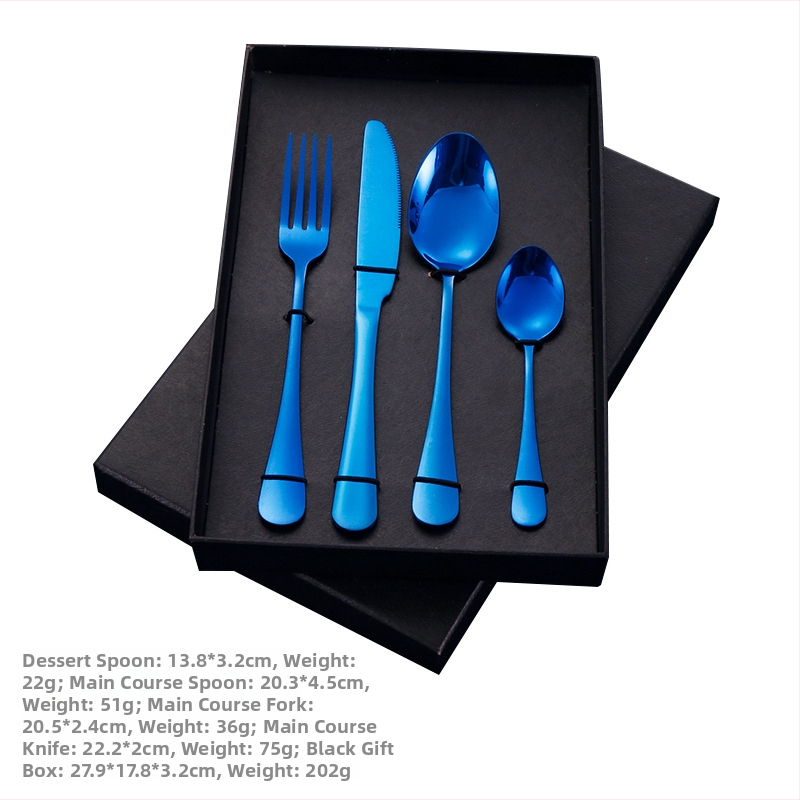 4-dijelni set pribora od nehrđajućeg čelika s mogućnošću logotipa — nož, vilica, žlica i čajna žličica; 410 nehrđajući čelik, ogledni završetak, zapadni stil posuđa