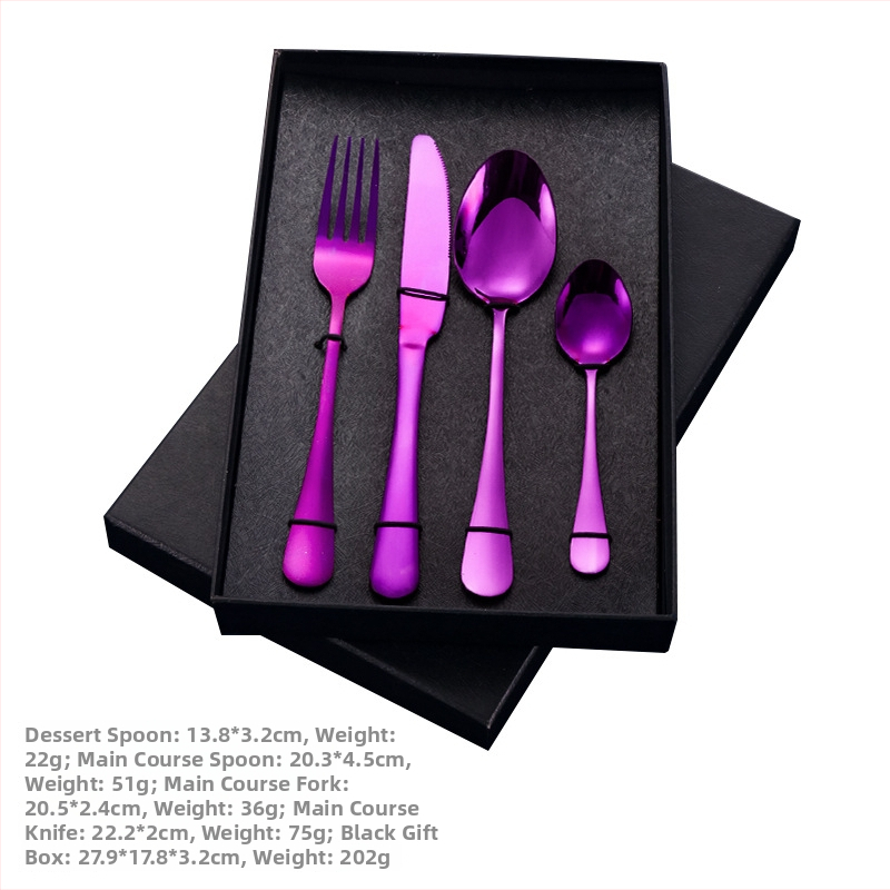 4-dijelni set pribora od nehrđajućeg čelika s mogućnošću logotipa — nož, vilica, žlica i čajna žličica; 410 nehrđajući čelik, ogledni završetak, zapadni stil posuđa