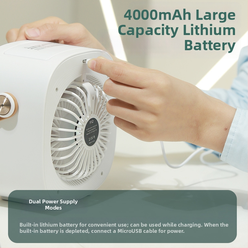 Настолен USB спрей охлаждащ вентилатор с вградена батерия 4000mAh, безчетков мотор, 3 скорости и осцилация нагоре-надолу