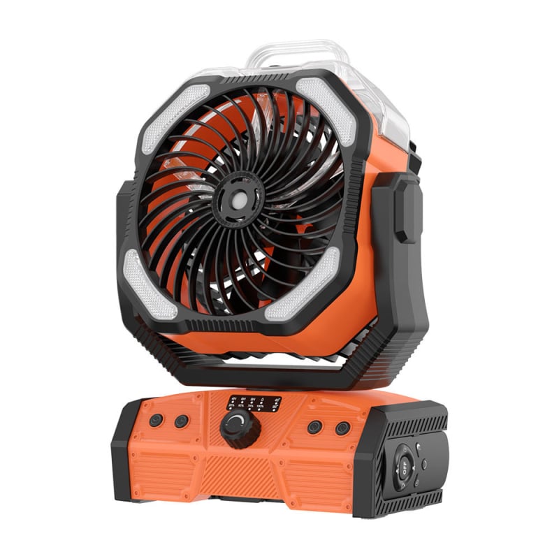 Kemping permetező ventilátor LED-világítással, beépített 4000mAh akkumulátor, halk működés (<36dB), bal-jobb oszcilláció, USB töltés 10W.