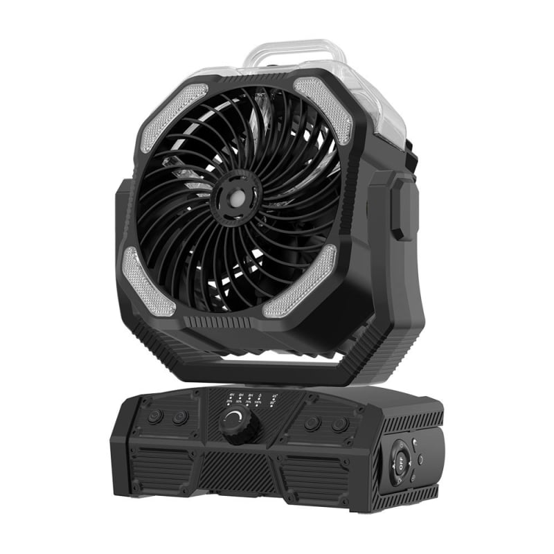 Kemping permetező ventilátor LED-világítással, beépített 4000mAh akkumulátor, halk működés (<36dB), bal-jobb oszcilláció, USB töltés 10W.