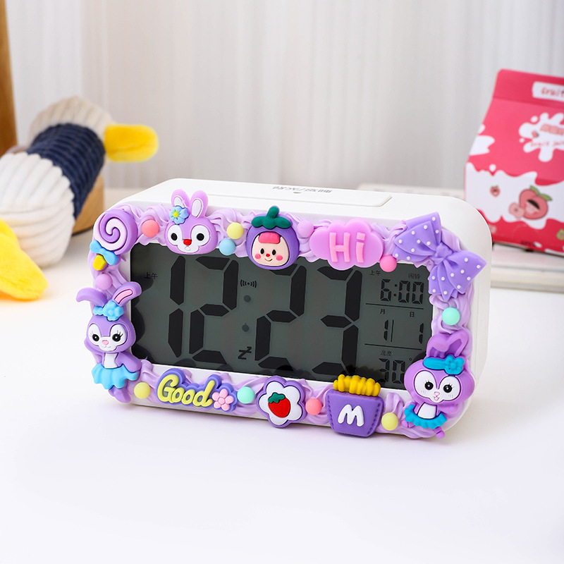 Ceas deșteptător pentru copii, design desen animat, afișaj LED, alimentare cu baterie, unilateral, luminos, cu numărătoare înapoi