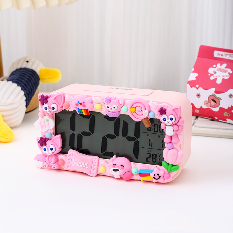 Ceas deșteptător pentru copii, design desen animat, afișaj LED, alimentare cu baterie, unilateral, luminos, cu numărătoare înapoi