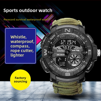 Vīriešu daudzfunkcionālais pulkstenis ar kompasu, svilpi un šķiltavas, ūdensizturīgs līdz 50 m, elektroniska kustība