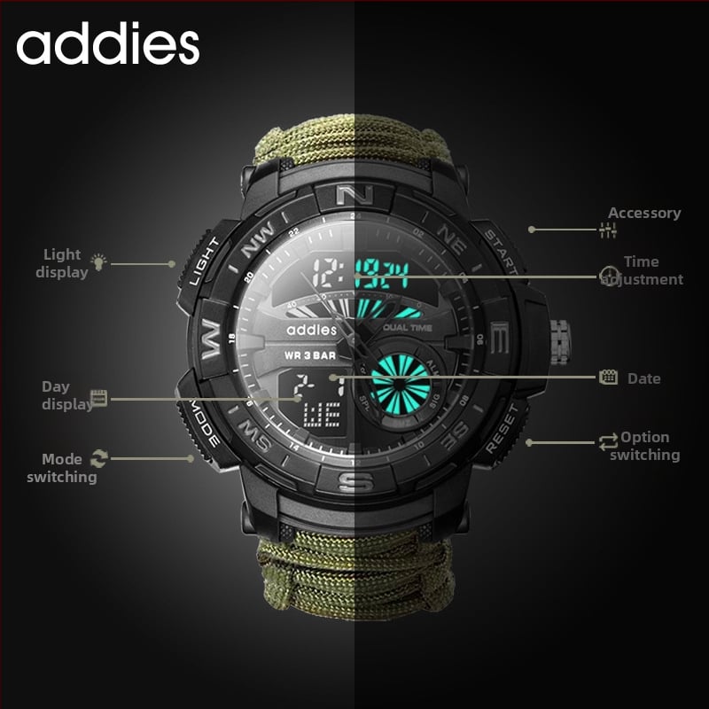 Vīriešu daudzfunkcionālais pulkstenis ar kompasu, svilpi un šķiltavas, ūdensizturīgs līdz 50 m, elektroniska kustība