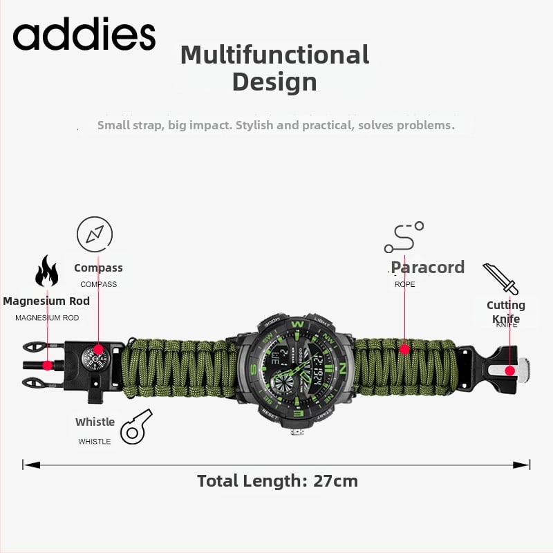 Vīriešu daudzfunkcionālais pulkstenis ar kompasu, svilpi un šķiltavas, ūdensizturīgs līdz 50 m, elektroniska kustība