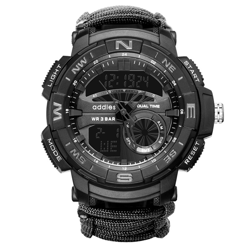 Vīriešu daudzfunkcionālais pulkstenis ar kompasu, svilpi un šķiltavas, ūdensizturīgs līdz 50 m, elektroniska kustība