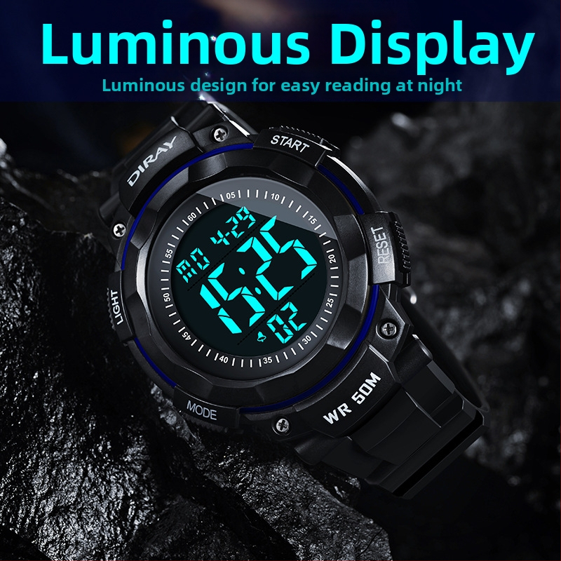 DIRAY vyriški sportiniai elektroniniai laikrodžiai su skaitmeniniu ekranu, atsparumas vandeniui 50m ir LED naktinis apšvietimas