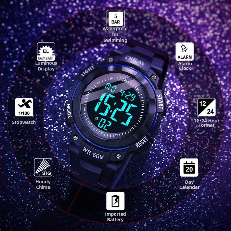 DIRAY vyriški sportiniai elektroniniai laikrodžiai su skaitmeniniu ekranu, atsparumas vandeniui 50m ir LED naktinis apšvietimas