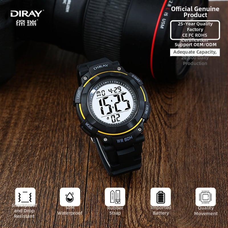 DIRAY férfi sportos elektronikus óra digitális kijelzővel, 50m vízállóság és LED éjszakai fény