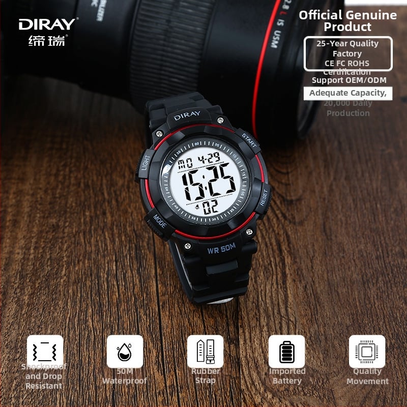 DIRAY férfi sportos elektronikus óra digitális kijelzővel, 50m vízállóság és LED éjszakai fény