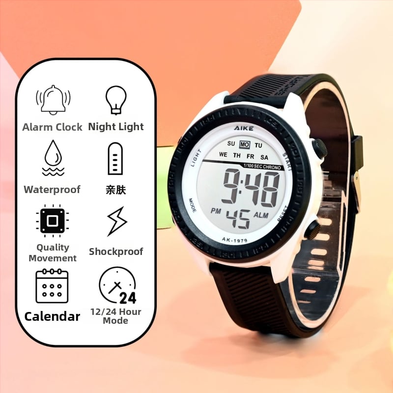 Unisex elektroniskais pulkstenis ar digitālo displeju, 30M ūdensizturīgs, cifernika diametrs 45 mm, TPU siksna, ABS korpuss, studentiem